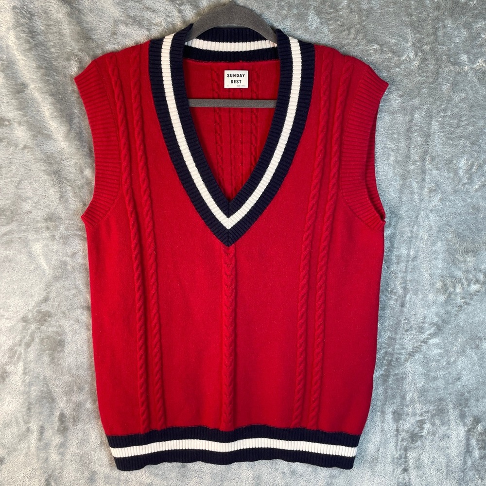 Sunday Best Sweater Vest Women Small Red Excellent Cable Knit V-Neck Striped